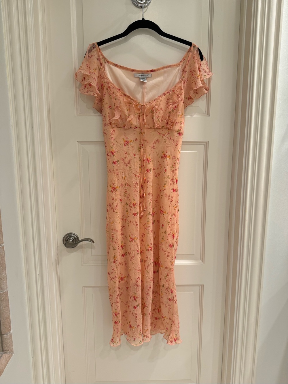 La Belle Peach Floral Ruffle-Trim Midi Dress